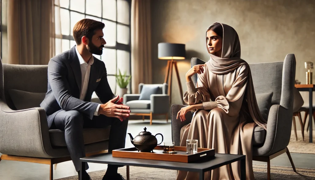 Healthy Fellowship, an image of two American men in professional attire engaging in a respectful and friendly conversation with a woman wearing a hijab. Their body language reflects mutual respect, gratitude, and collaboration, symbolizing a healthy and inclusive professional relationship.