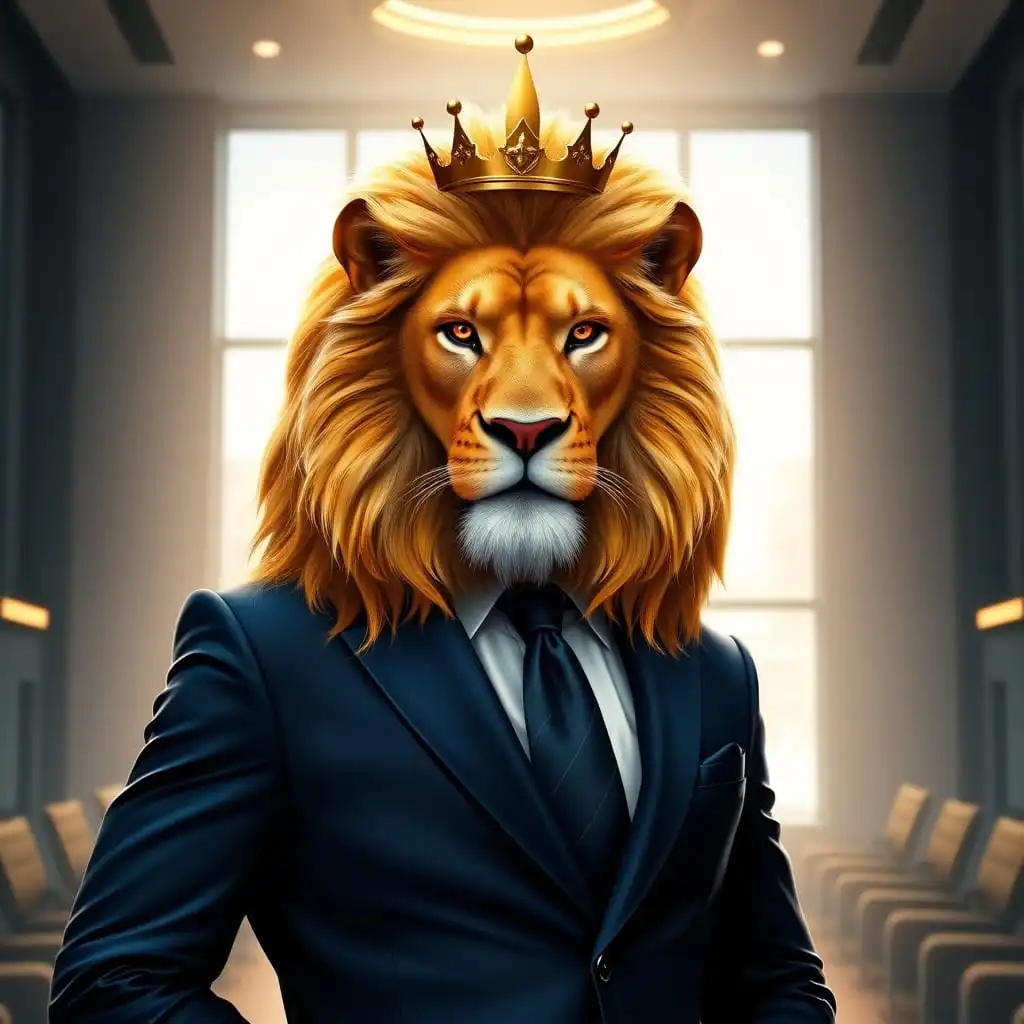 "A majestic anthropomorphic lion dressed in a modern business suit symbolizing strong success leadership skills, standing confidently at the head of a meeting table, exuding authority and wisdom while leading his team."