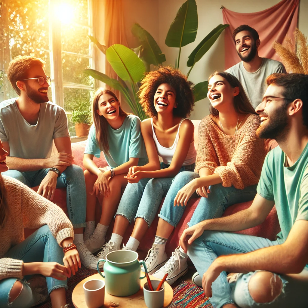HEALTHY FELLOWSHIP, a diverse group of young adults, engaging in joyful HEALTHY FELLOWSHIP, in a warm, inviting setting. They are laughing, sharing snacks, and playing a board game, radiating trust, respect, and connection.