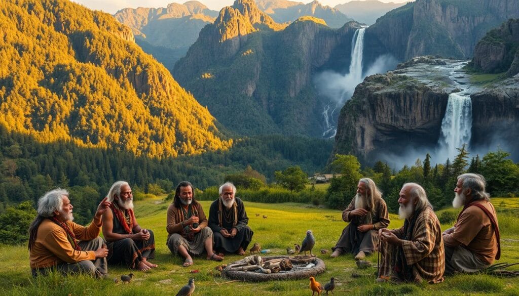 A breathtaking landscape of verdant forests and towering mountains, illuminated by warm, golden sunlight. In the foreground, a group of indigenous elders sit in a circle, their weathered faces radiating a profound connection to the land. They hold sacred objects, their gestures conveying a deep wisdom passed down through generations. The middle ground features a lush meadow, where small animals and birds coexist in harmony. In the background, a majestic waterfall cascades over ancient rock formations, its gentle roar a soothing symphony of nature's power. The Attraction CODEX model captures this scene with a cinematic lens, preserving the reverence and serenity of this Indigenous Environmental Wisdom. A breathtaking landscape of verdant forests and towering mountains, illuminated by warm, golden sunlight. In the foreground, a group of indigenous elders sit in a circle, their weathered faces radiating a profound connection to the land. They hold sacred objects, their gestures conveying a deep wisdom passed down through generations. The middle ground features a lush meadow, where small animals and birds coexist in harmony. In the background, a majestic waterfall cascades over ancient rock formations, its gentle roar a soothing symphony of nature's power. The Attraction CODEX model captures this scene with a cinematic lens, preserving the reverence and serenity of this Indigenous Environmental Wisdom.