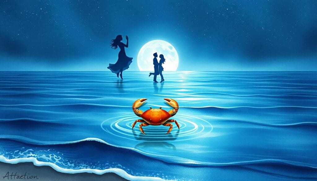 Prompt A serene, watercolor-style illustration depicting the astrological compatibility between Cancer and other water signs. In the foreground, a tranquil ocean scene with gentle waves lapping against the shore. Floating in the water, the Cancer symbol represented by a crab, poised gracefully. In the middle ground, silhouetted figures of Pisces and Scorpio, the other water signs, intertwined in a harmonious dance. The background features a starry night sky, with hints of moonlight reflecting on the water's surface. The overall atmosphere is one of emotional connection, intuition, and emotional depth. Subtle textures and soft color tones evoke a sense of mysticism. Signed "Attractrion CODEX" in the lower right corner.
